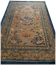 1880s Camel Field East Asian raditional Dragon Antique Chinese Silk Small Rug